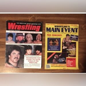 2 Vintage 1985 Wrestling Magazines  Lawler Rhodes Flair Abdullah Slaughter Hogan